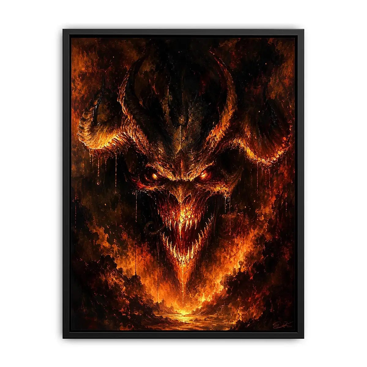 Dark fantasy dragon wall art with fiery glowing eyes and gothic infernal atmosphere
