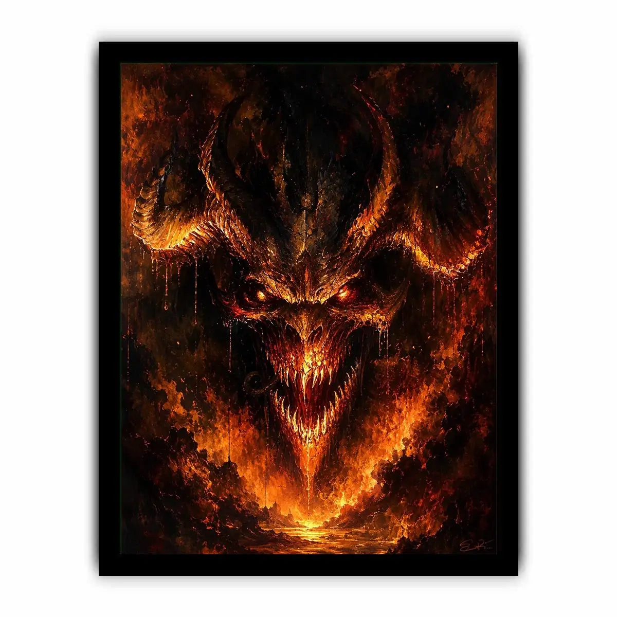 Dark fantasy dragon wall art with fiery glowing eyes and gothic infernal atmosphere