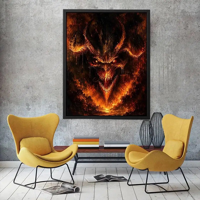 Dark fantasy dragon wall art with fiery glowing eyes and gothic infernal atmosphere