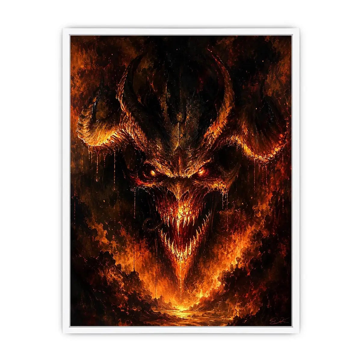 Dark fantasy dragon wall art with fiery glowing eyes and gothic infernal atmosphere