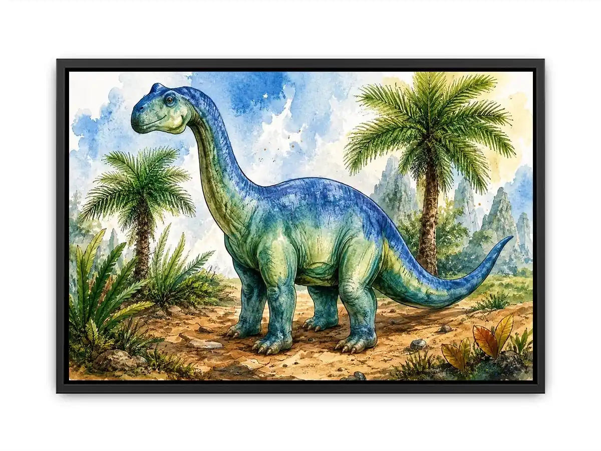 Cute watercolor dinosaur wall art with tropical jungle plants for nursery and kids room decor