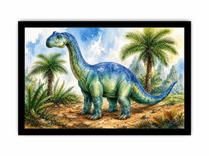 Cute watercolor dinosaur wall art with tropical jungle plants for nursery and kids room decor
