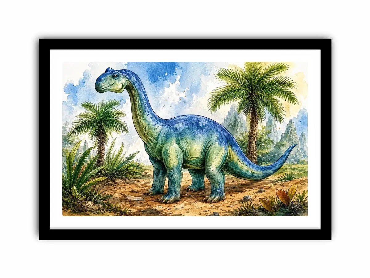 Cute watercolor dinosaur wall art with tropical jungle plants for nursery and kids room decor