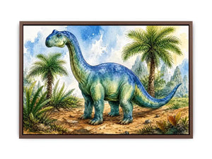 Cute watercolor dinosaur wall art with tropical jungle plants for nursery and kids room decor