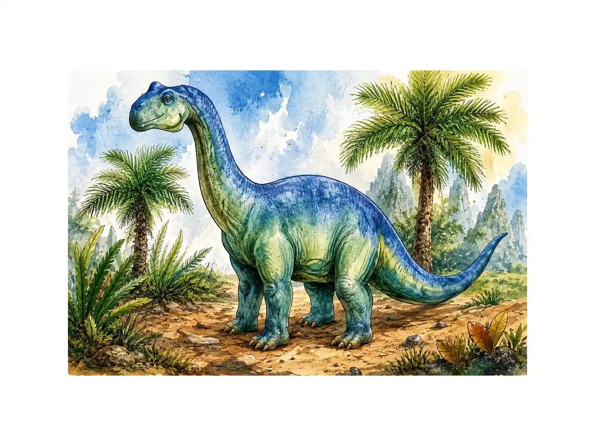Cute watercolor dinosaur wall art with tropical jungle plants for nursery and kids room decor