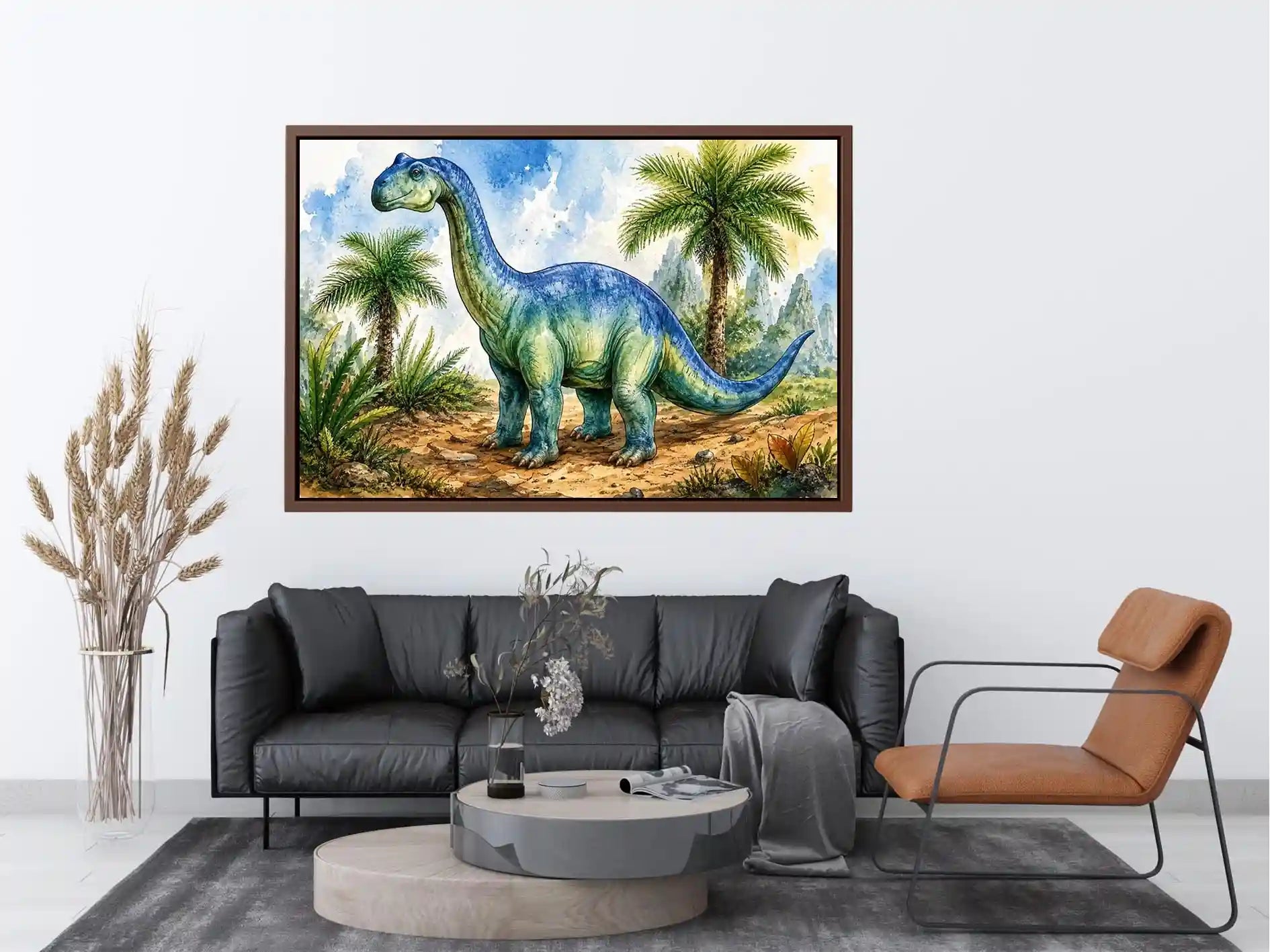 Cute watercolor dinosaur wall art with tropical jungle plants for nursery and kids room decor