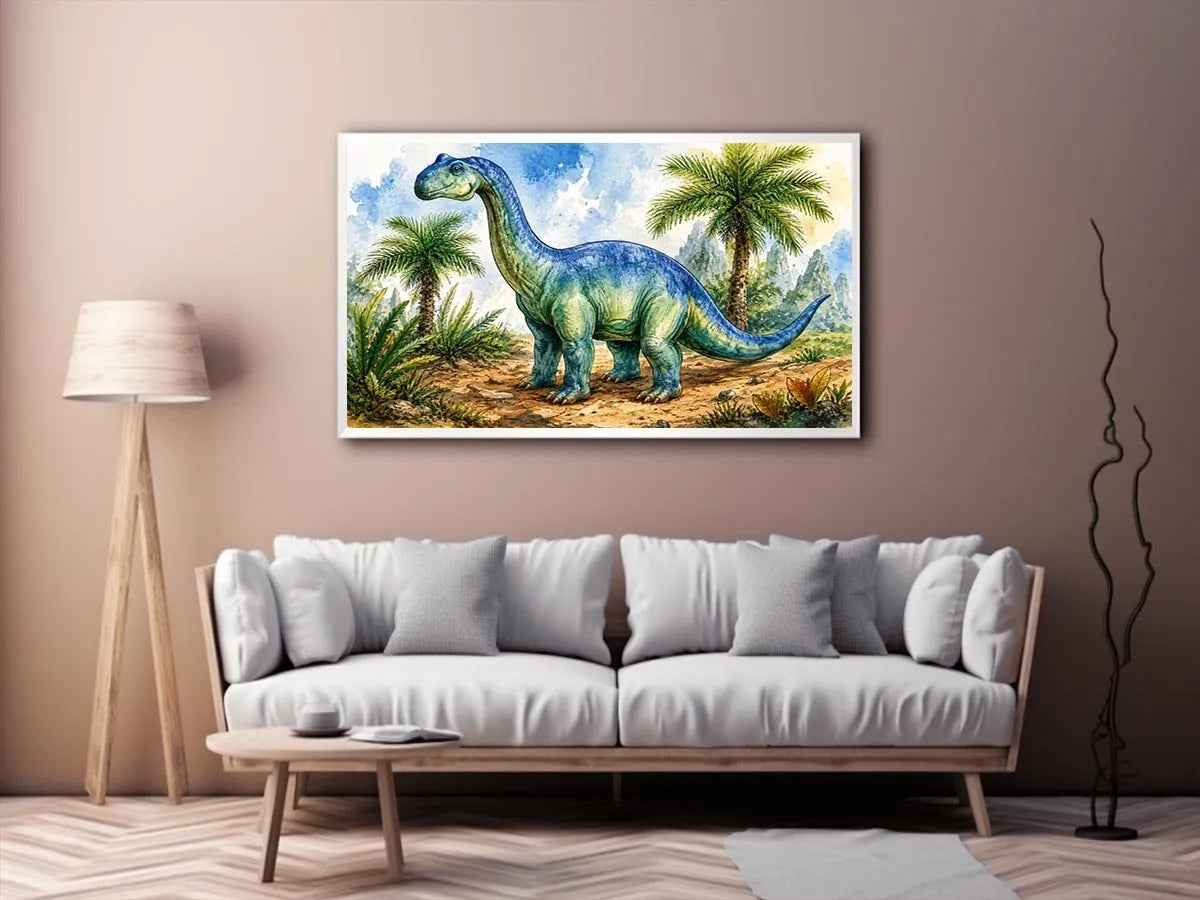 Cute watercolor dinosaur wall art with tropical jungle plants for nursery and kids room decor