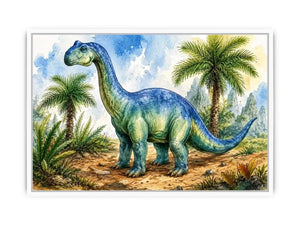Cute watercolor dinosaur wall art with tropical jungle plants for nursery and kids room decor