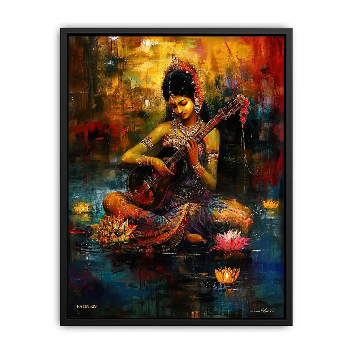 Indian woman musician wall art with lotus flowers and colorful bohemian artistic background