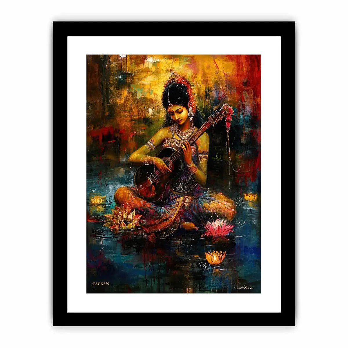 Indian woman musician wall art with lotus flowers and colorful bohemian artistic background
