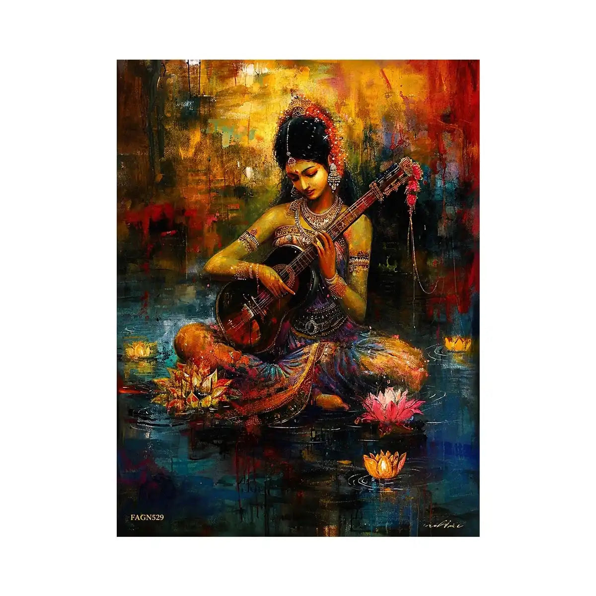 Indian woman musician wall art with lotus flowers and colorful bohemian artistic background