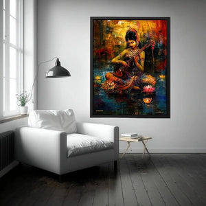 Indian woman musician wall art with lotus flowers and colorful bohemian artistic background