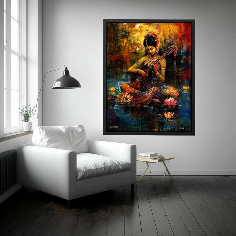 Indian woman musician wall art with lotus flowers and colorful bohemian artistic background