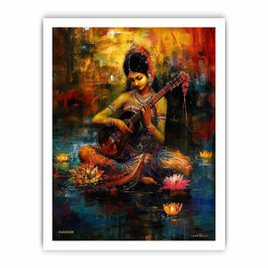 Indian woman musician wall art with lotus flowers and colorful bohemian artistic background