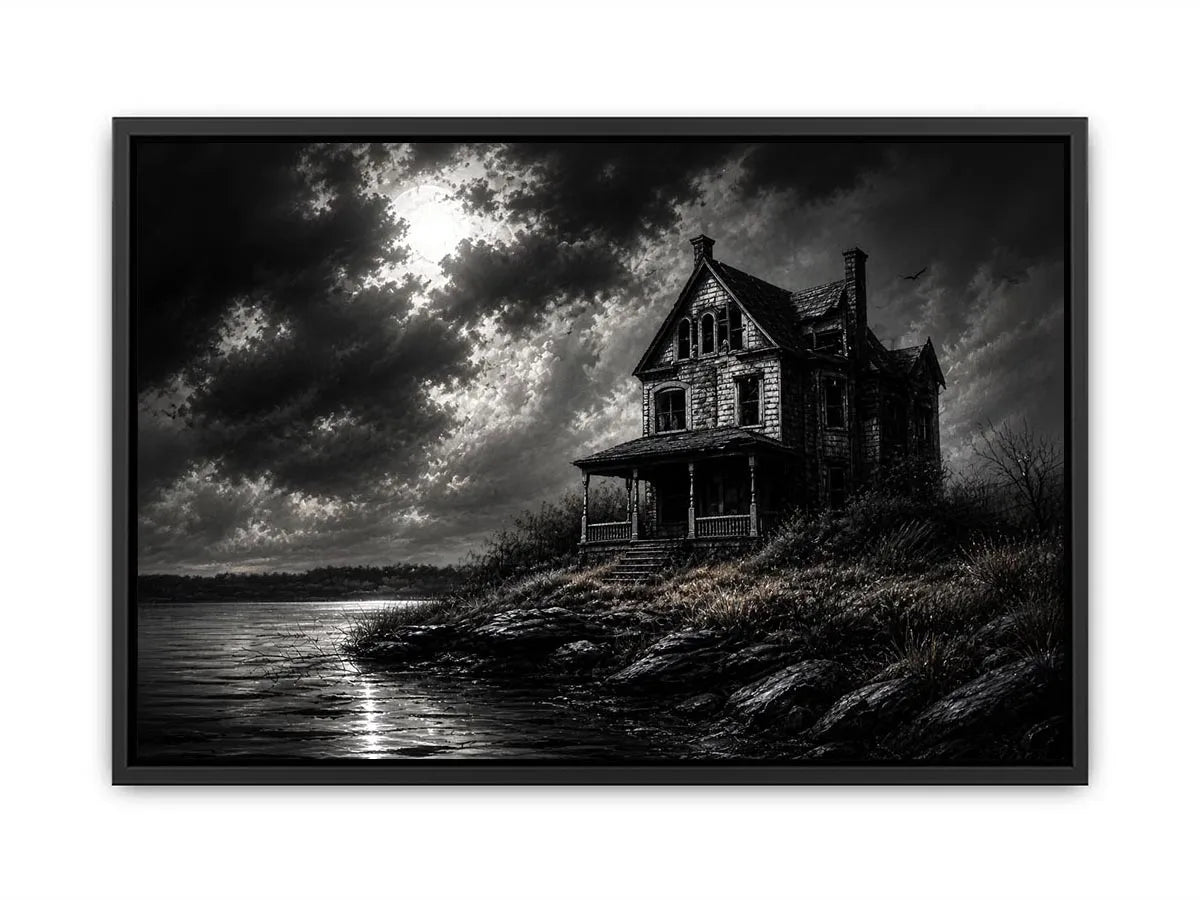 Black and white painting of a haunted house by a lake under a stormy sky