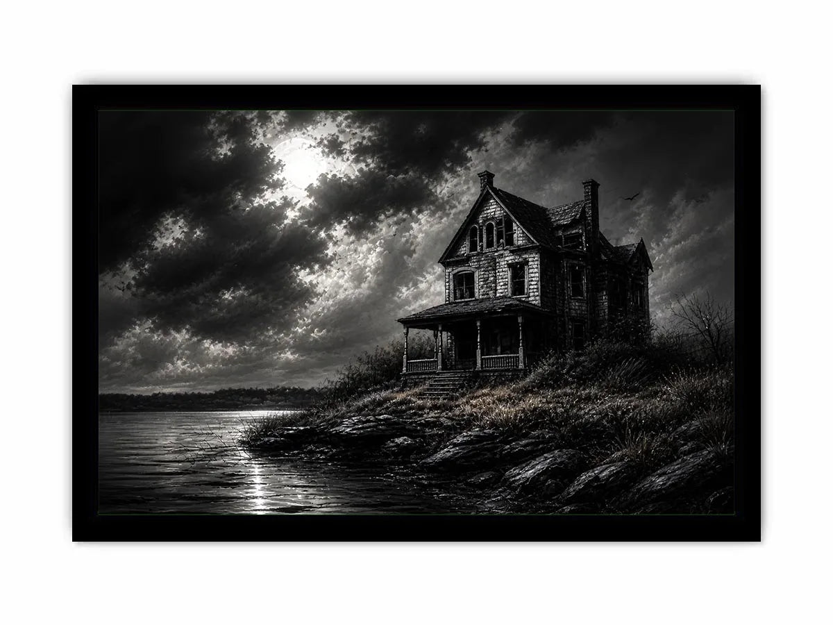 Black and white painting of a haunted house by a lake under a stormy sky