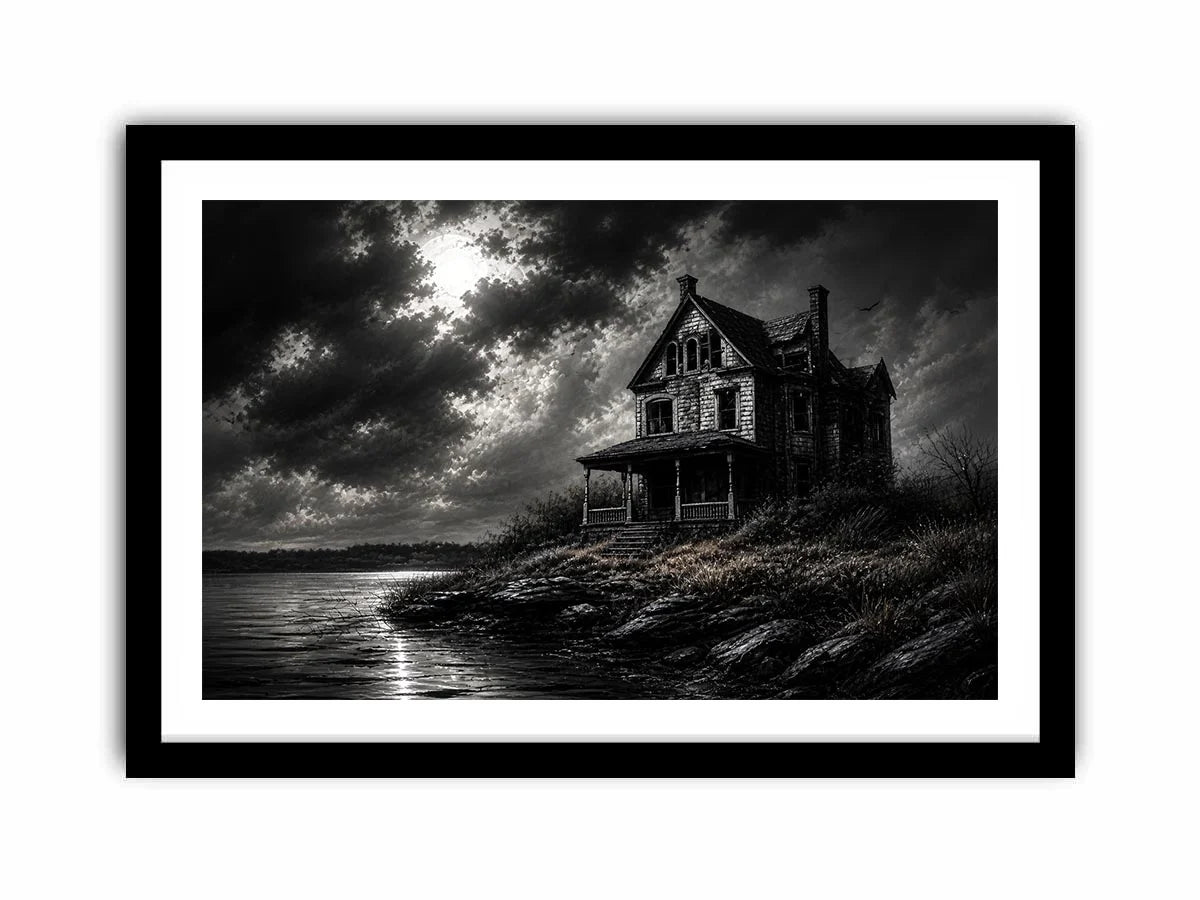 Black and white painting of a haunted house by a lake under a stormy sky