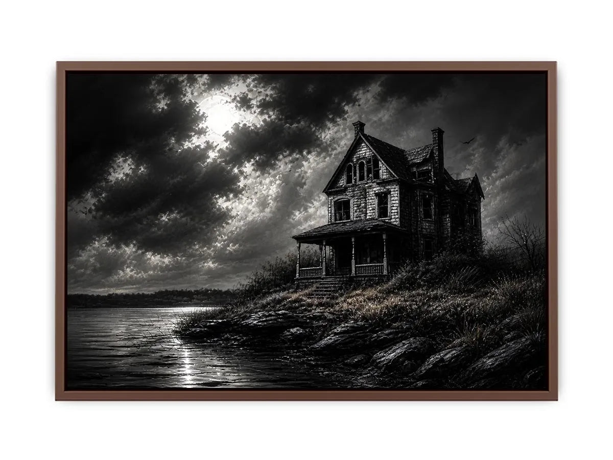 Black and white painting of a haunted house by a lake under a stormy sky