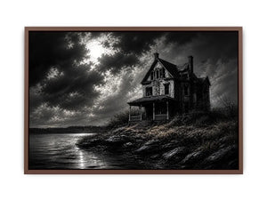Black and white painting of a haunted house by a lake under a stormy sky