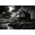 Black and white painting of a haunted house by a lake under a stormy sky