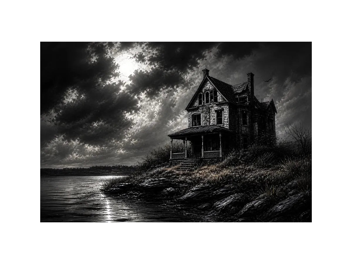 Black and white painting of a haunted house by a lake under a stormy sky