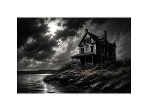 Black and white painting of a haunted house by a lake under a stormy sky