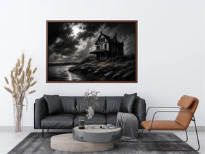 Black and white painting of a haunted house by a lake under a stormy sky