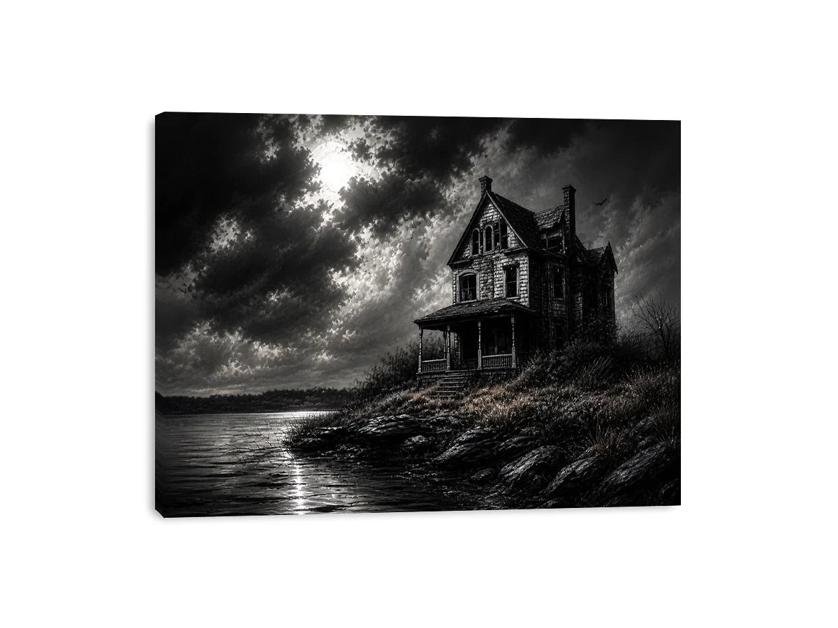 Black and white painting of a haunted house by a lake under a stormy sky