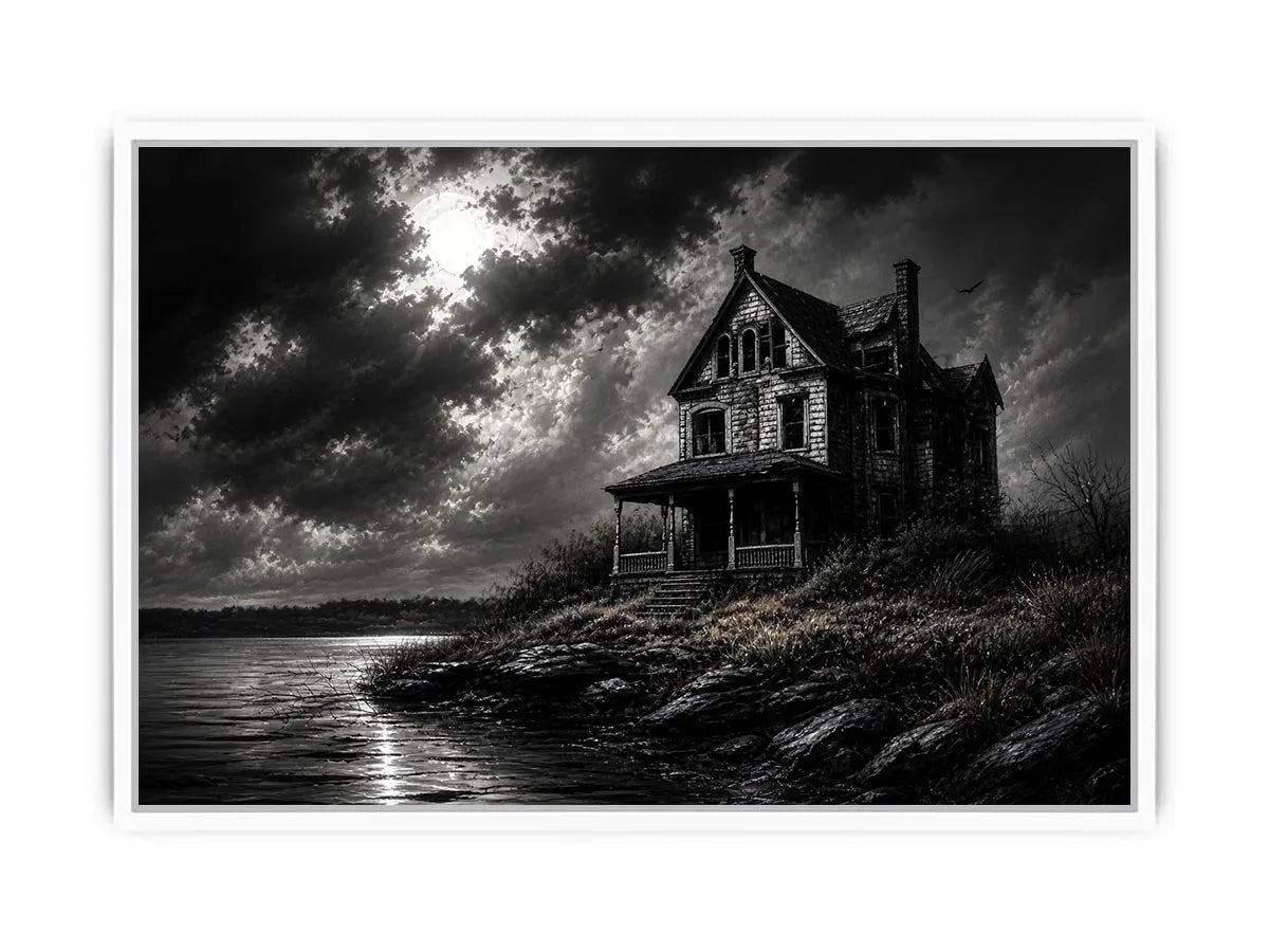 Black and white painting of a haunted house by a lake under a stormy sky