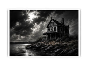 Black and white painting of a haunted house by a lake under a stormy sky