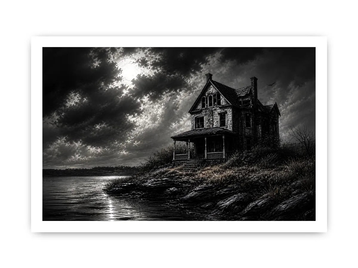Black and white painting of a haunted house by a lake under a stormy sky