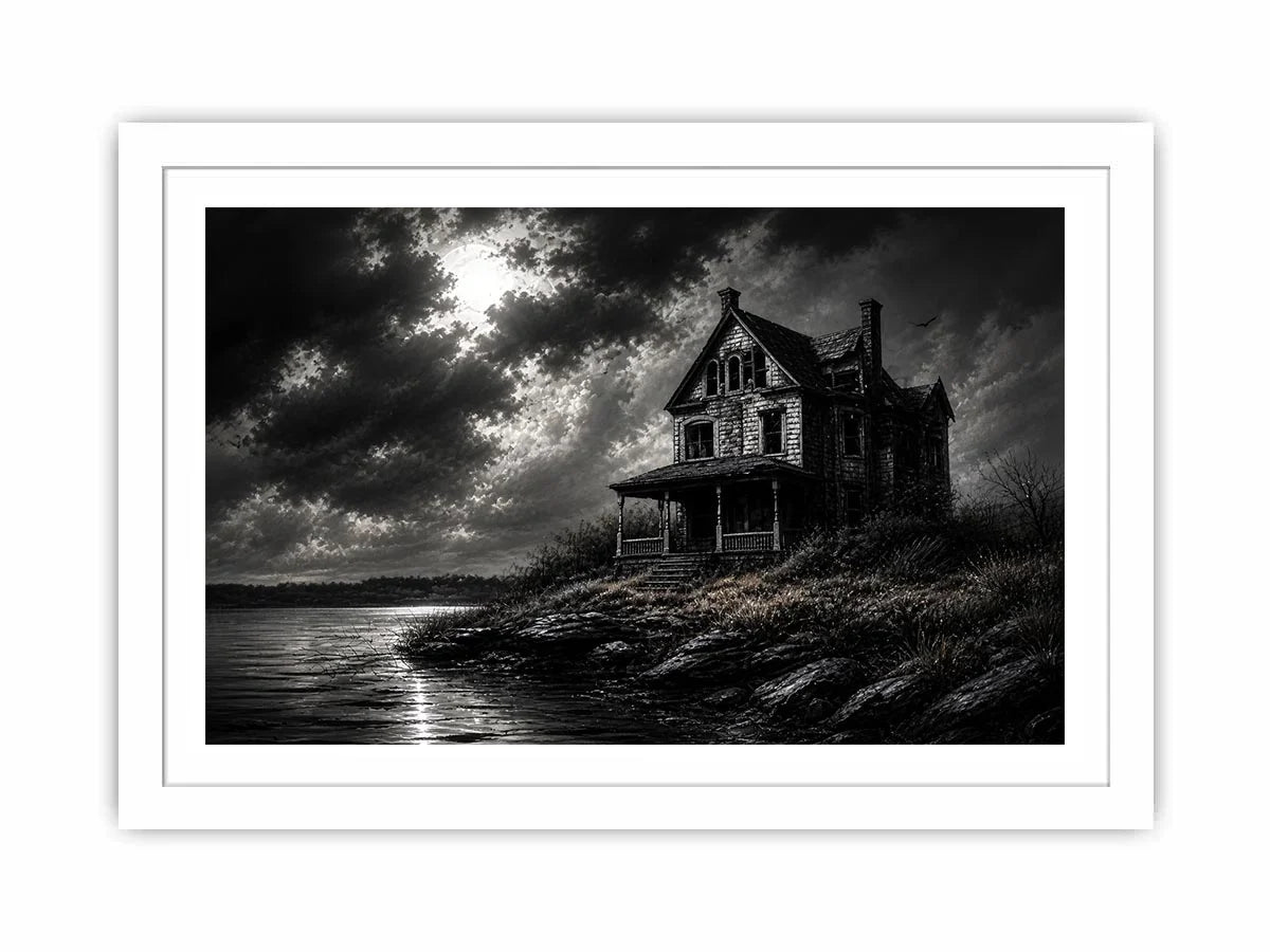 Black and white painting of a haunted house by a lake under a stormy sky