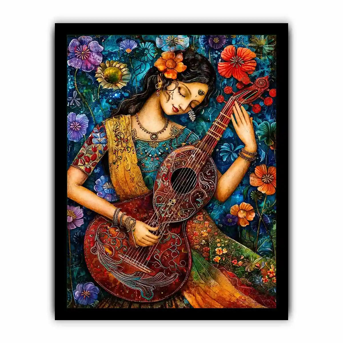 Bohemian floral musician wall art with colorful guitar and whimsical folk art details
