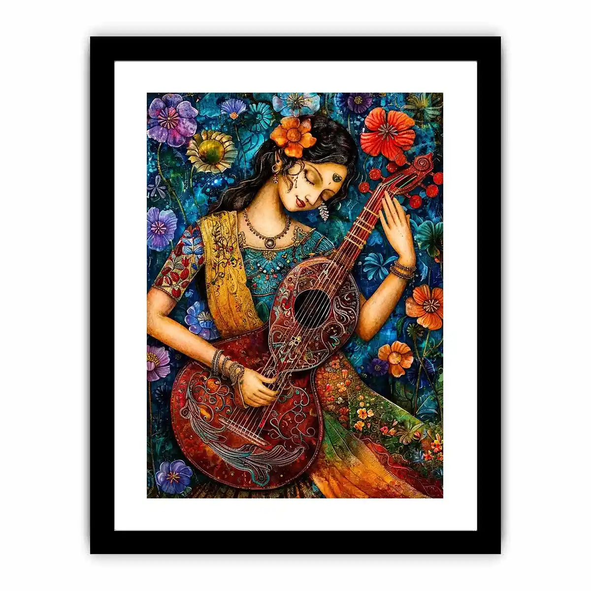 Bohemian floral musician wall art with colorful guitar and whimsical folk art details