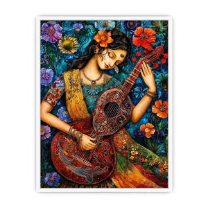 Bohemian floral musician wall art with colorful guitar and whimsical folk art details