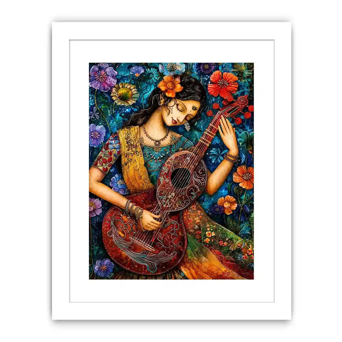 Bohemian floral musician wall art with colorful guitar and whimsical folk art details