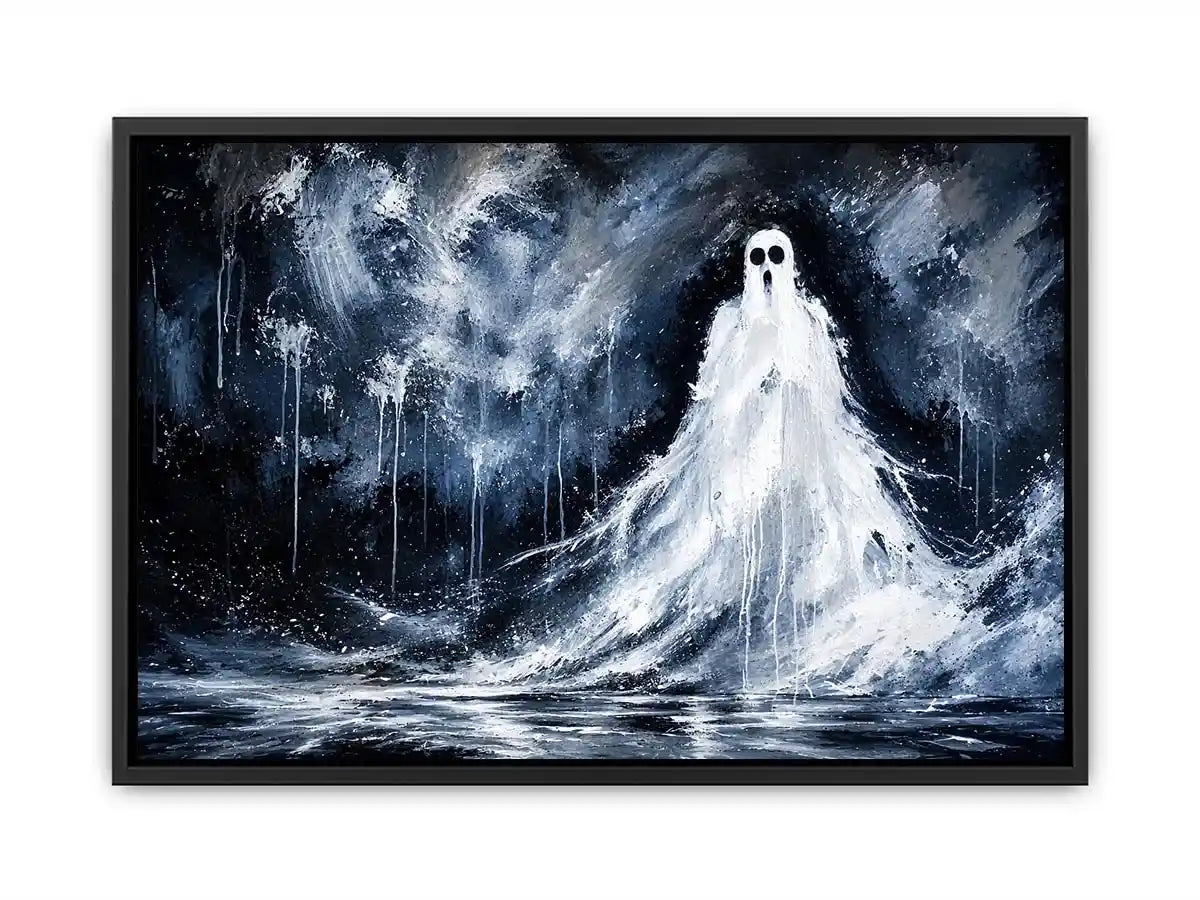 Haunting ghost wall art with eerie monochrome textures and dark gothic horror atmosphere