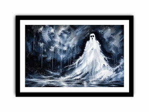 Haunting ghost wall art with eerie monochrome textures and dark gothic horror atmosphere