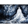 Haunting ghost wall art with eerie monochrome textures and dark gothic horror atmosphere