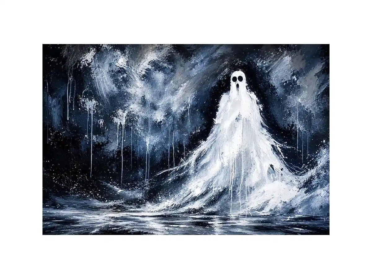 Haunting ghost wall art with eerie monochrome textures and dark gothic horror atmosphere