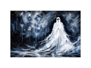 Haunting ghost wall art with eerie monochrome textures and dark gothic horror atmosphere