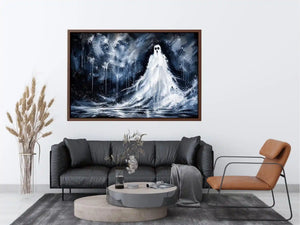 Haunting ghost wall art with eerie monochrome textures and dark gothic horror atmosphere