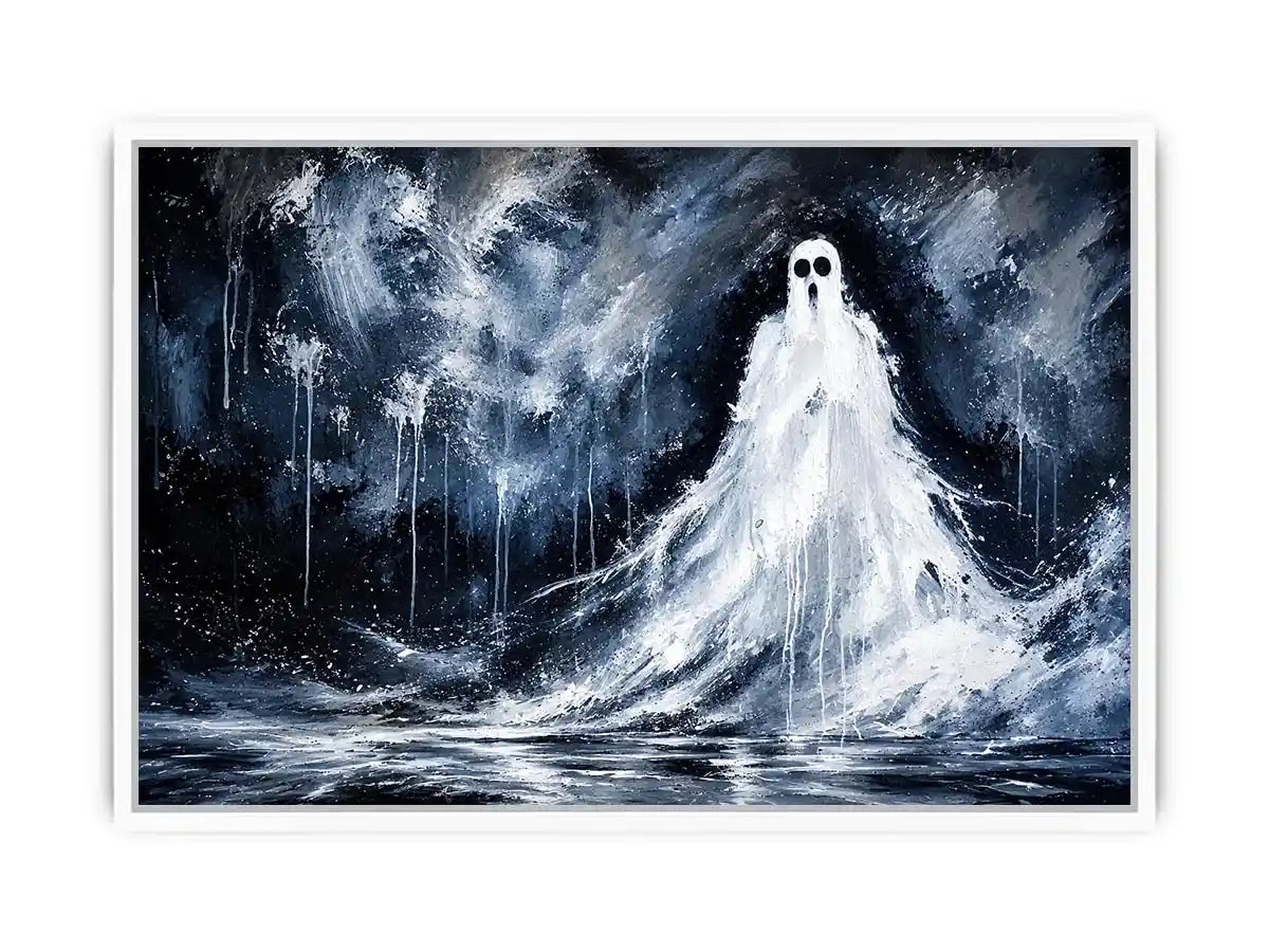 Haunting ghost wall art with eerie monochrome textures and dark gothic horror atmosphere