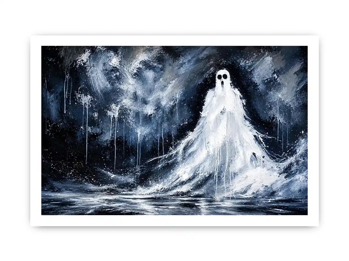 Haunting ghost wall art with eerie monochrome textures and dark gothic horror atmosphere