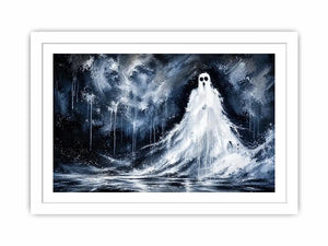 Haunting ghost wall art with eerie monochrome textures and dark gothic horror atmosphere