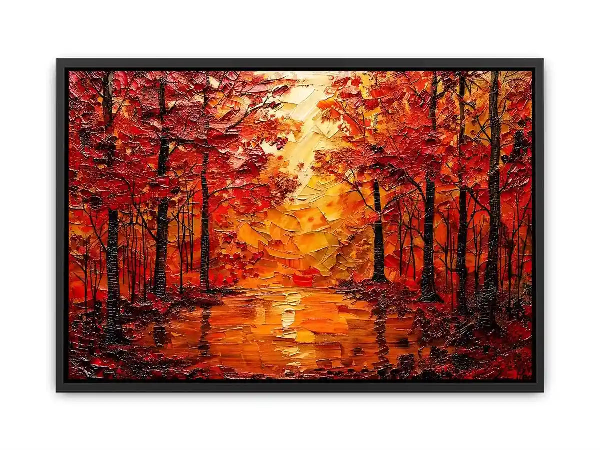 Vibrant autumn forest wall art with glowing orange trees and reflective woodland landscape
