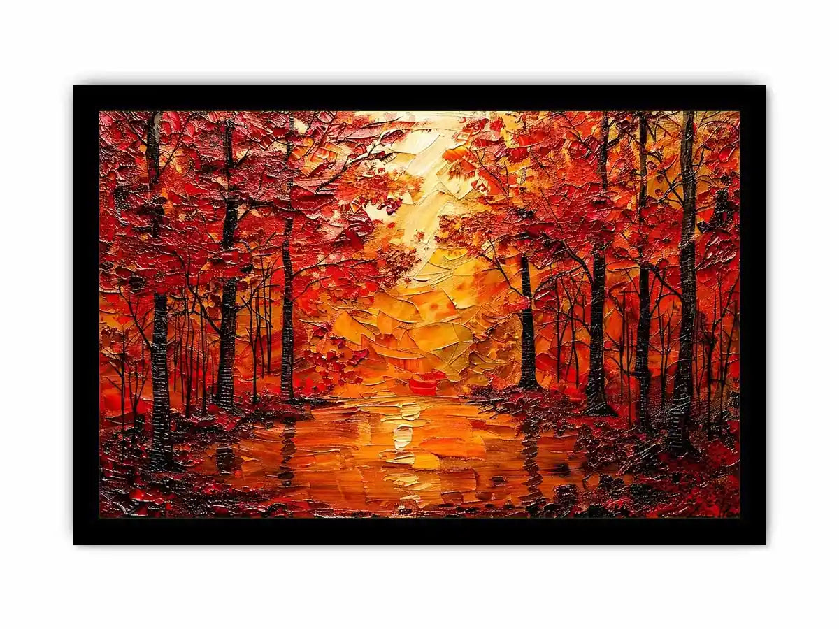 Vibrant autumn forest wall art with glowing orange trees and reflective woodland landscape