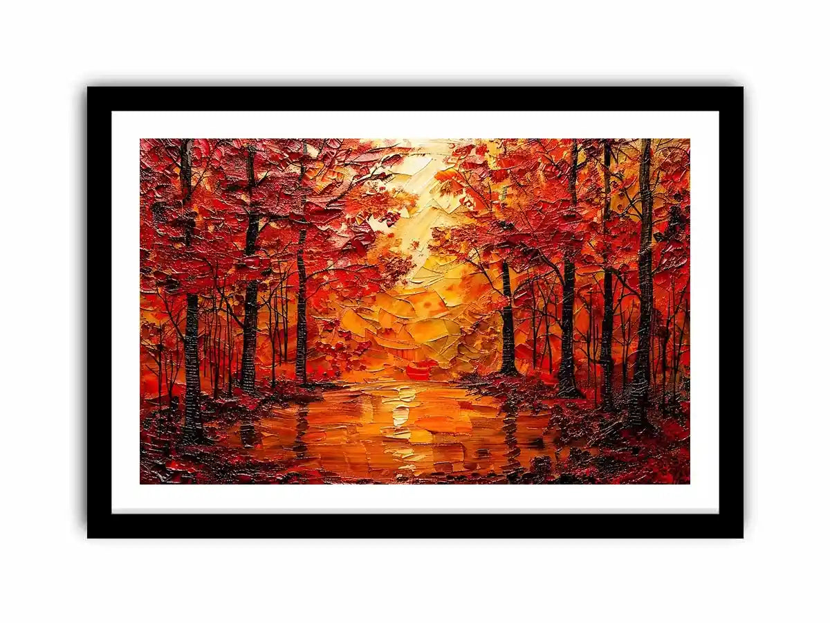 Vibrant autumn forest wall art with glowing orange trees and reflective woodland landscape