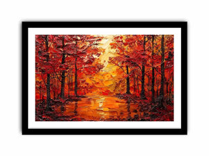 Vibrant autumn forest wall art with glowing orange trees and reflective woodland landscape