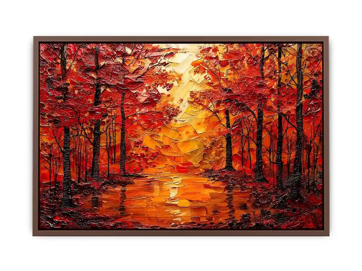 Vibrant autumn forest wall art with glowing orange trees and reflective woodland landscape